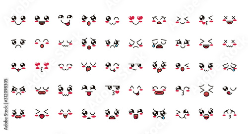 kawaii cute face expressions eyes and mouth icons set
