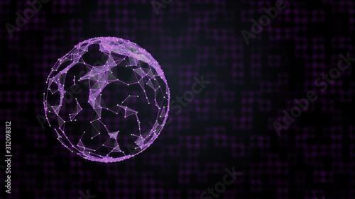 3D rendered planet with plexus surface over squared background in purple gradient.