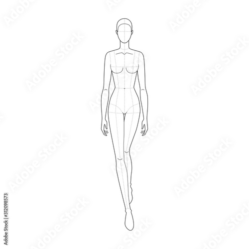 Fashion template of walking lady with main lines.