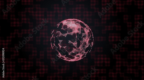 Abstract hacked globe in red plexus on digital background. Hacking and attack concept.
