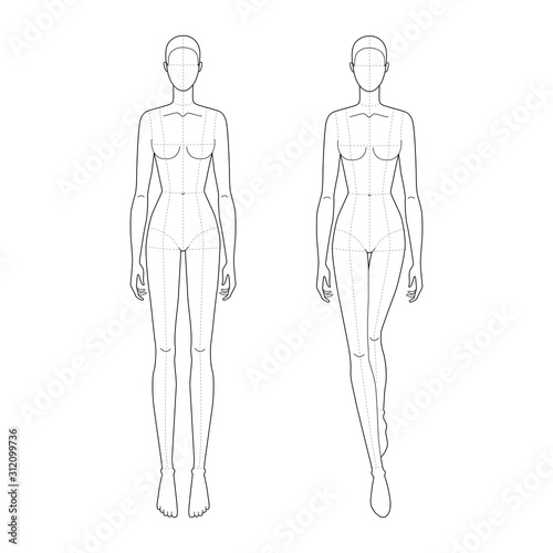 Fashion template of walking and standing lady with main lines.