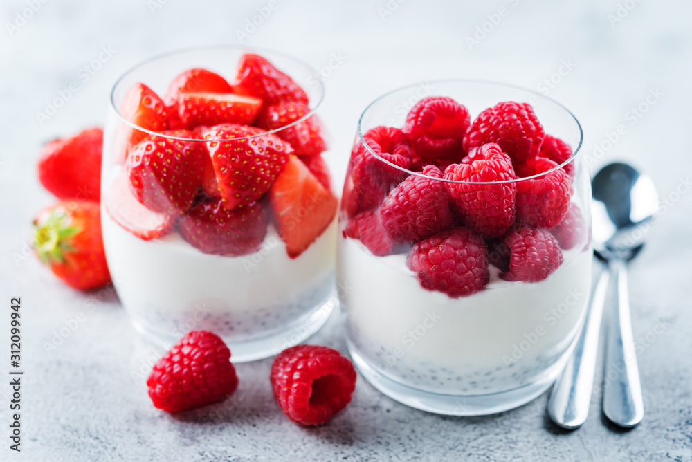 Greek yogurt Chia seeds strawberry and raspberry parfait Greek yogurt Chia seeds strawberry and raspberry parfait