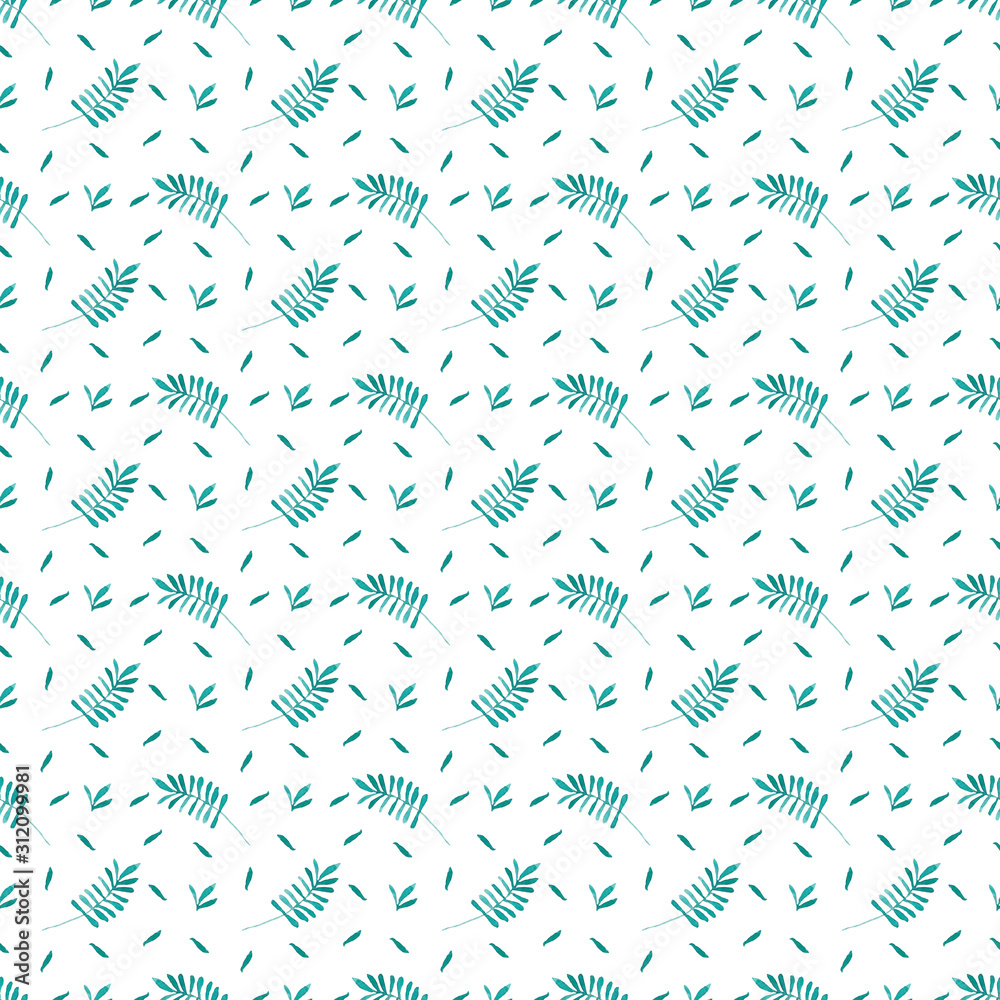 Seamless pattern of watercolor green leaves on a white background. Use for invitations, birthdays, menus