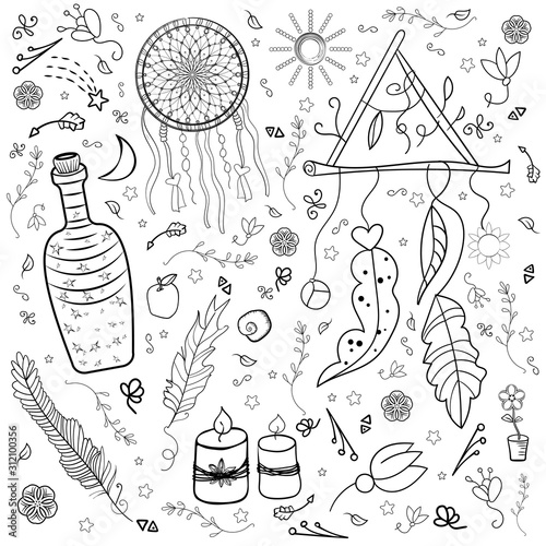 Creative hand drawn Dream and ethnic elements. Set of ornaments, feathers and beads. Native American Indian. Moon and sun. Day and night. Occultism and the sacrament.
