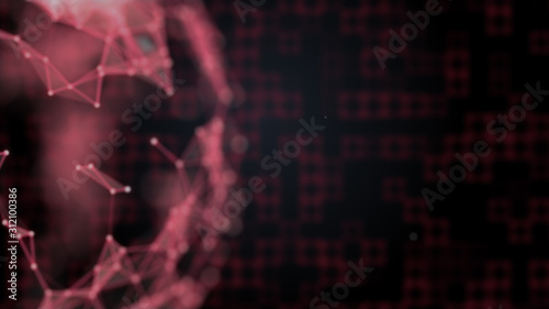 Futuristic background. Abstract blurred picture of red squares connected togerher on black and plexus connection on the forefront. photo