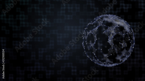 Abstract digital space background with flowing particles encryption covering a planet.