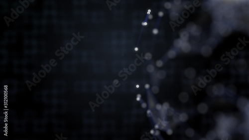 Futuristic background. Abstract blurred picture of blue squares connected togerher on black and plexus connection on the forefront. photo