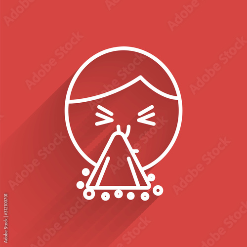 White line Man holding handkerchief or napkin to his runny nose icon isolated with long shadow. Coryza desease symptoms.  Vector Illustration