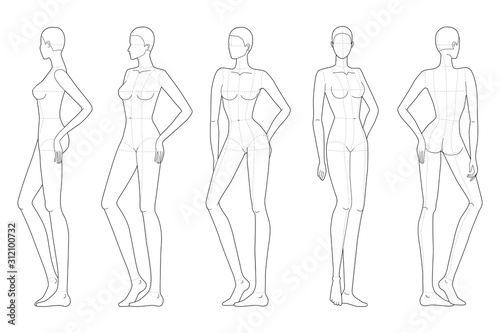 Fashion template of walking and standing lady with main lines. 
