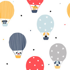 Deken met foto Dieren met ballon patronen Seamless pattern with animals flying in a hot air balloon. Kids cute print. Vector hand drawn illustration.  © bilaaa