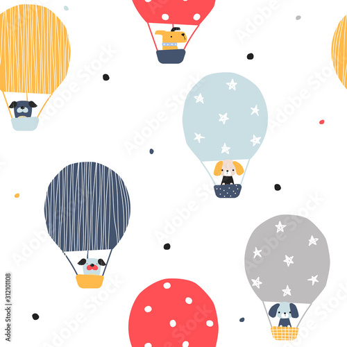 Seamless pattern with animals flying in a hot air balloon. Kids cute print. Vector hand drawn illustration.