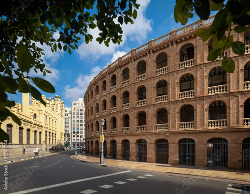 A view of the exterior of the Bullring of Valencia, also known as the Plaza de Toros de Valencia, in the the historic city of Valencia in Spain.