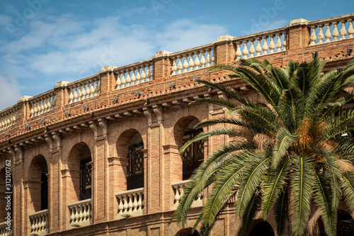A view of the exterior of the Bullring of Valencia, also known as the Plaza de Toros de Valencia, in the the historic city of Valencia in Spain.