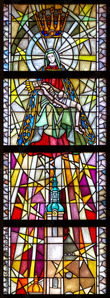 Tylicz, Poland. 2019/8/8. Stained-glass window depicting Our Lady of Sorrows of Limanowa, Poland. The Sanctuary of Our Lady of Tylicz.