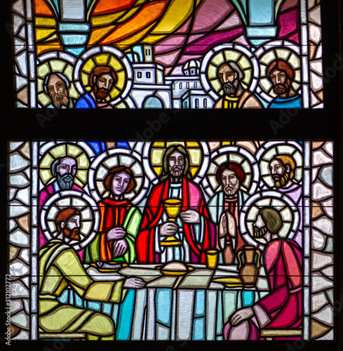 Tylicz, Poland. 2019/8/8. Stained-glass window depicting the Last Supper. The Sanctuary of Our Lady of Tylicz.