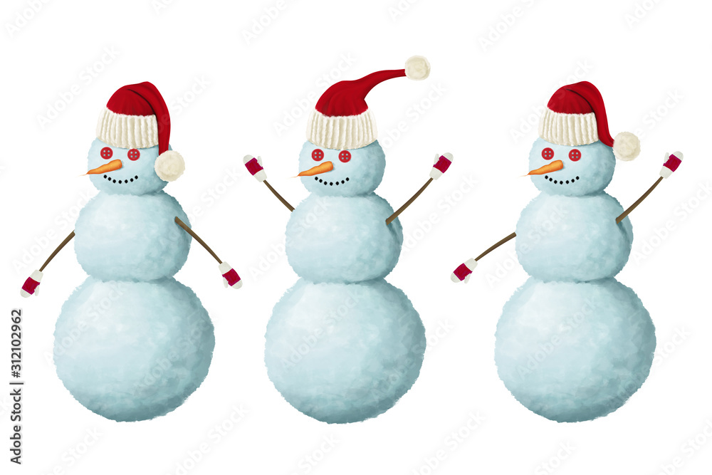 Snowmans in hat set on white background. Cute winter positive illustration isolated Snowmans in hat set on white background. Cute winter positive illustration isolated