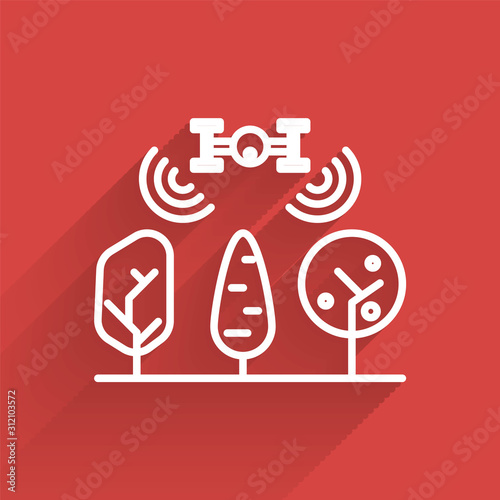 White line Smart farm with drone control and tree icon isolated with long shadow. Innovation technology for agricultural company.  Vector Illustration