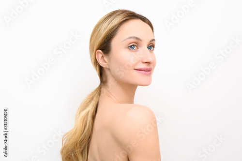 Beauty woman healthy skin care cosmetic concept. Female face portrait isolated. Spa model girl with perfect fresh clean skin. Youth, skin and hair care. Banner free space for text mockup