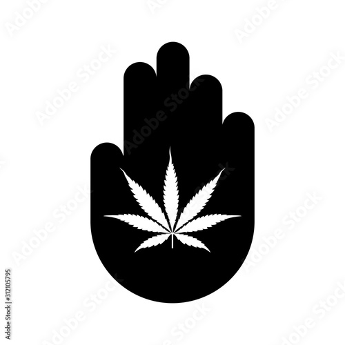 Hand symbol with marijuana leaf illustration. The concept of prohibition or legalization of marijuana. vector stop sign