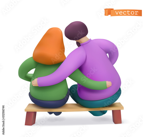 Love story, romance, people fell in love, couple on a bench. 3d minimalism vector icon