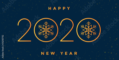 Happy new 2020 year! Holiday vector illustration of golden numbers and text. Festive poster or banner on isolated blue background