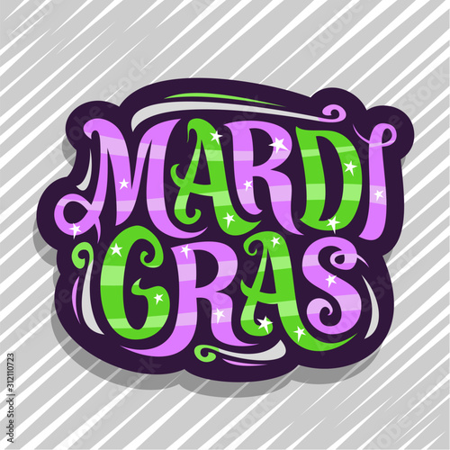 Vector logo for Mardi Gras carnival, dark badge with design flourishes and curly calligraphic font, decorative art signage with original brush type for words mardi gras on abstract striped background.