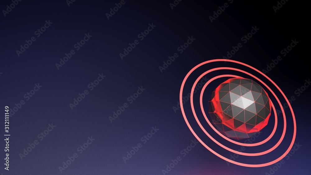 Fototapeta Blue background with faceted sphere with red rings at a corner - 3D rendering illustration