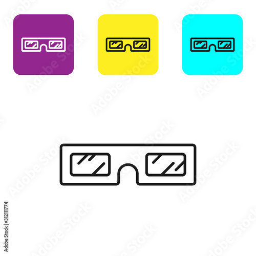 Black line 3D cinema glasses icon isolated on white background. Set icons colorful square buttons. Vector Illustration