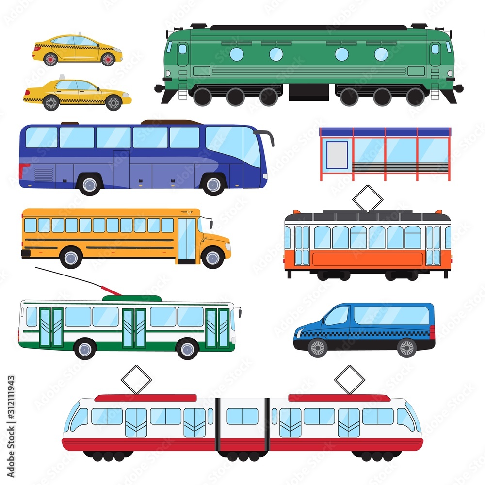 Urban public transport set. Collection of bus, minibus, taxi, tram ...