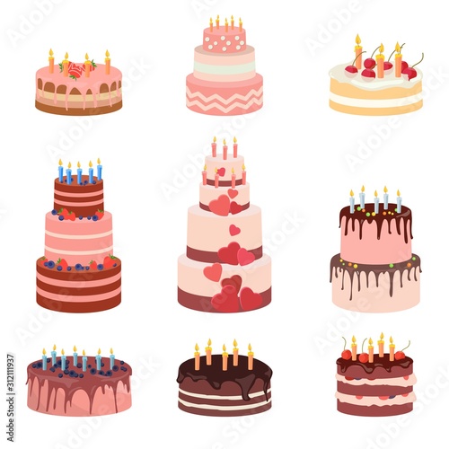 Bday sweet baked isolated cakes set. Strawberry icing cake for holiday, cupcake, baked brown chocolate cake gourmet, colorful celebration cherry cake bakery. Birthday cake with candles and fruits