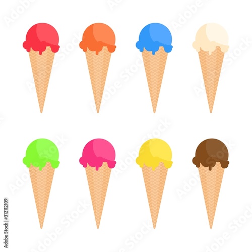 Ice cream variety collection. Cone waffle ice cream. Chocolate, vanilla dessert. Vector illustration