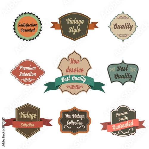 Vintage label icon set with sticker badge and ribbons. Vector illustration