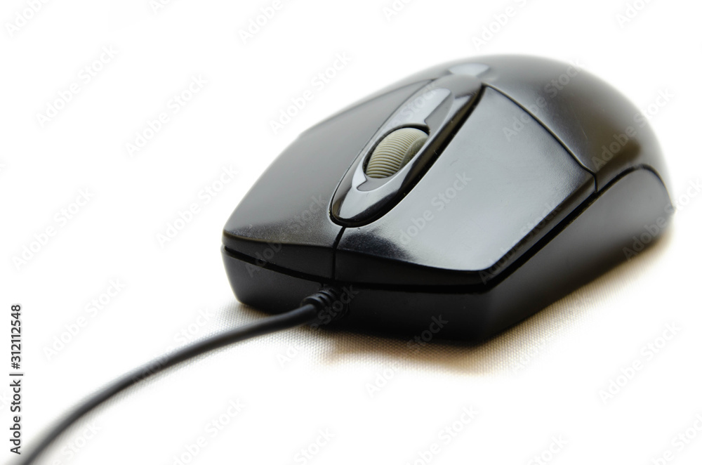 Wired black office mouse for the computer. Mouse to control. Computer peripherals on a white background Wireless mouse. Computer mouse top view, bottom. Mouse in macro