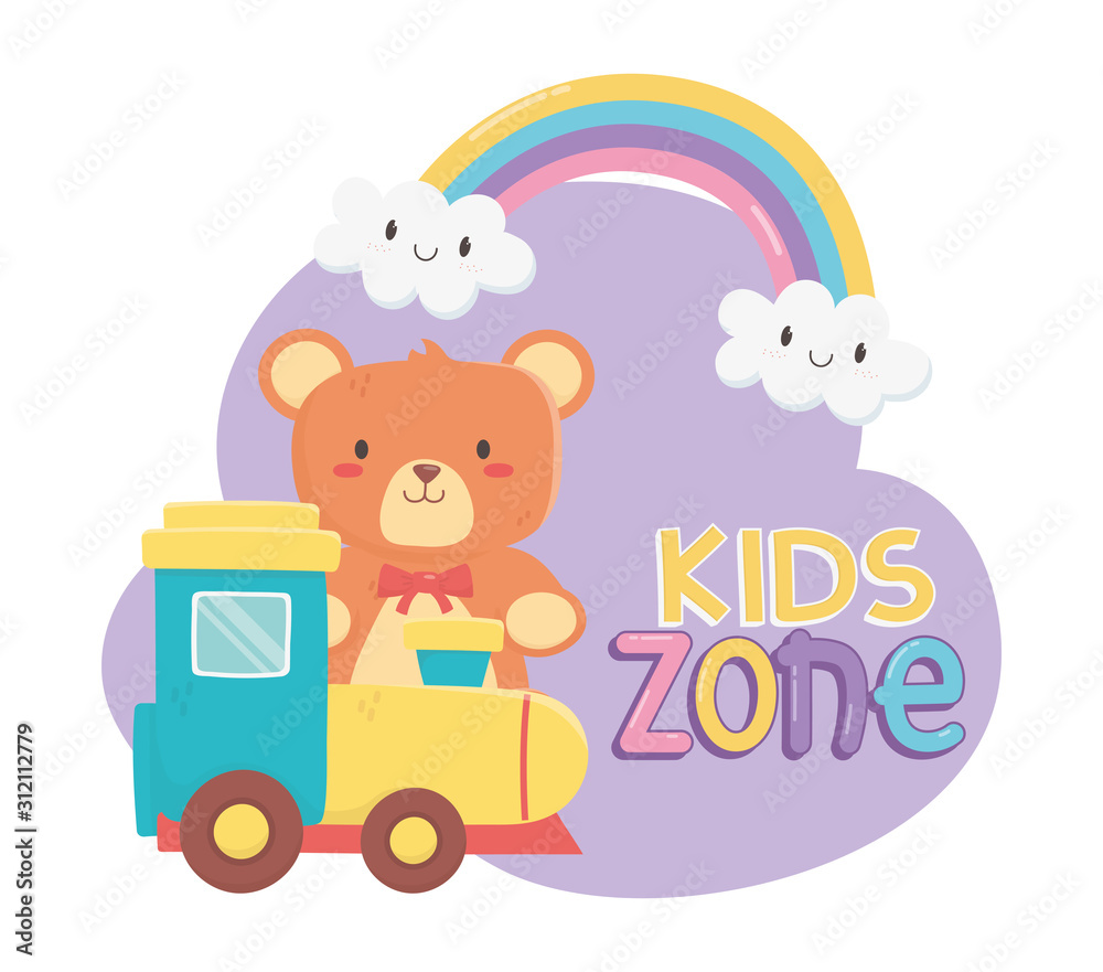 Fototapeta premium kids zone, teddy bear and plastic train toys