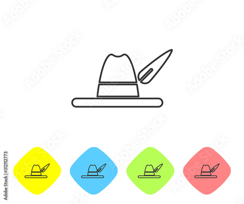 Grey line Oktoberfest hat icon isolated on white background. Hunter hat with feather. German hat. Set icons in color rhombus buttons. Vector Illustration