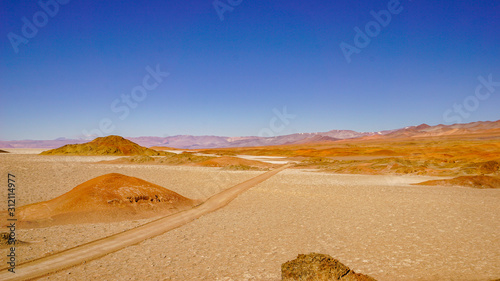 Road across salt flats in the high altitude desert of Salta's puna region in Argentina