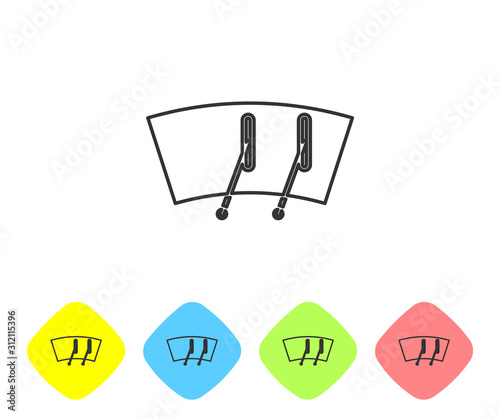 Grey line Windscreen wiper icon isolated on white background. Set icons in color rhombus buttons. Vector Illustration