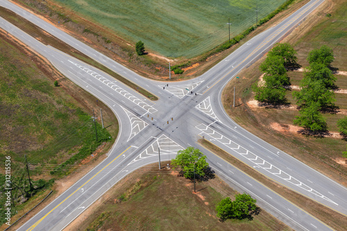 Aerial view of rural highway crossroads in the Southern United States.