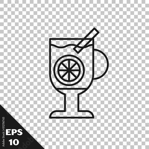 Black line Mulled wine with glass of drink and ingredients icon isolated on transparent background. Cinnamon stick, clove, lemon slice.  Vector Illustration