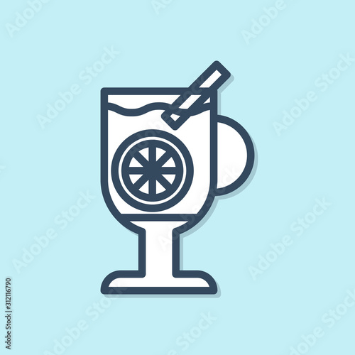 Blue line Mulled wine with glass of drink and ingredients icon isolated on blue background. Cinnamon stick, clove, lemon slice.  Vector Illustration