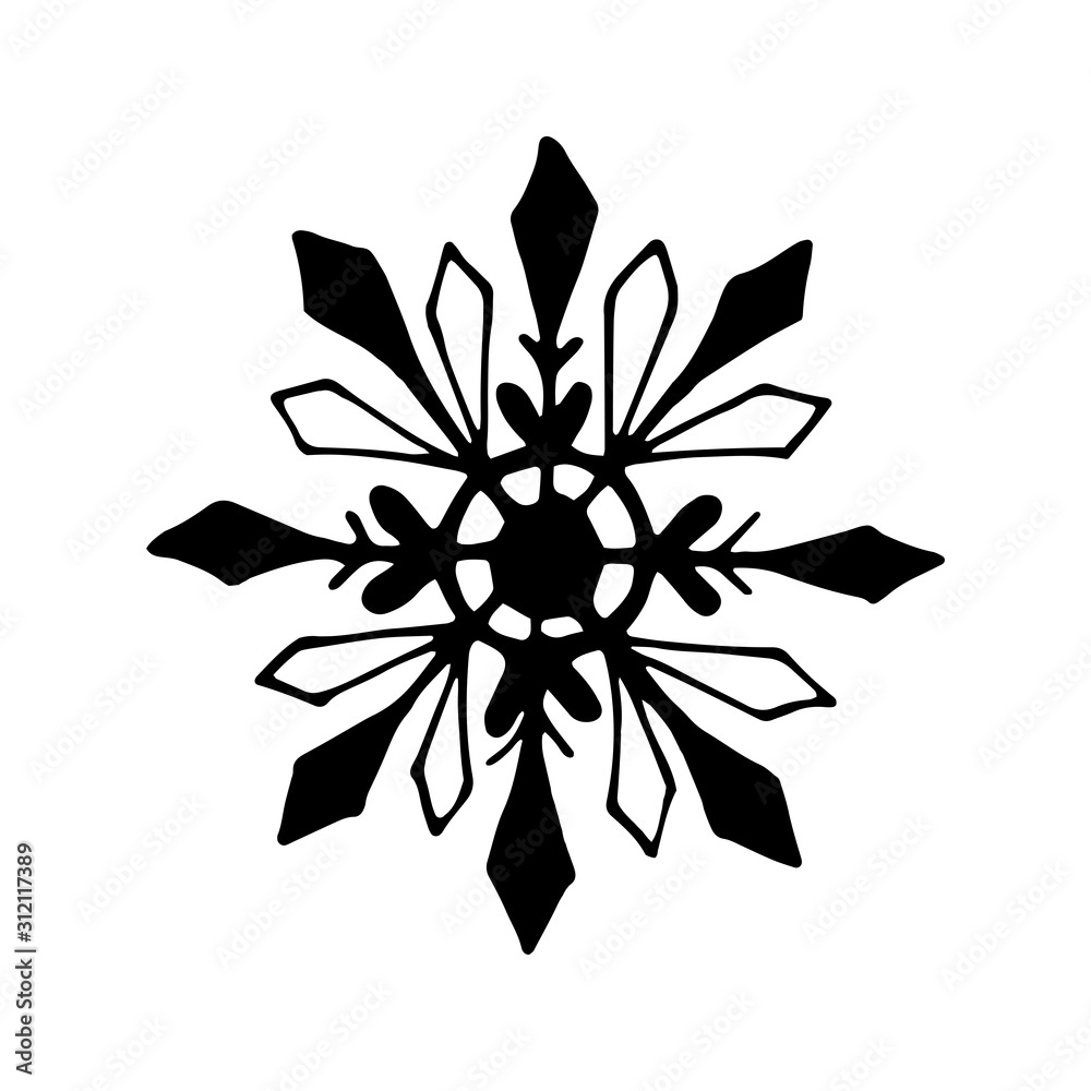 Obraz premium Single hand drawn snowflake. Doodle vector illustration. Winter element for greeting cards, posters, stickers and seasonal design. Isolated on white background