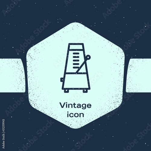 Grunge line Classic Metronome with pendulum in motion icon isolated on blue background. Equipment of music and beat mechanism. Monochrome vintage drawing. Vector Illustration