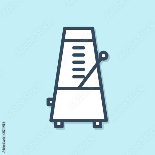 Blue line Classic Metronome with pendulum in motion icon isolated on blue background. Equipment of music and beat mechanism.  Vector Illustration