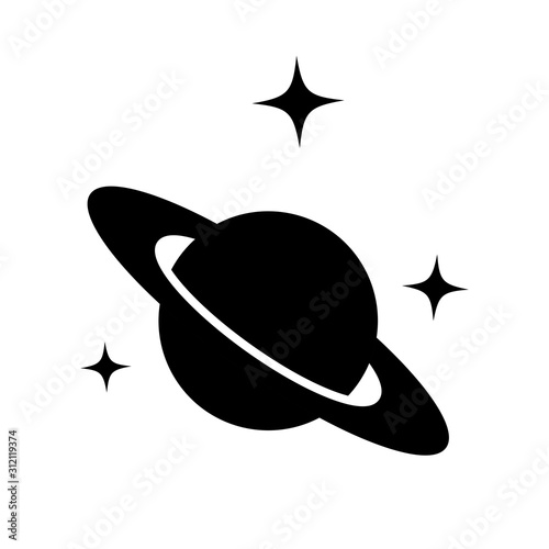 Saturn silhouette vector icon isolated on white background. Astronomy Planet with ring line symbol, linear pictogram. Galaxy space business concept design.