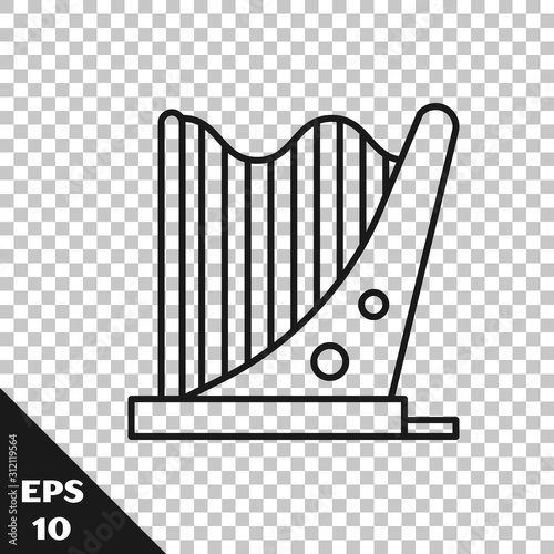 Black line Harp icon isolated on transparent background. Classical music instrument, orhestra string acoustic element.  Vector Illustration