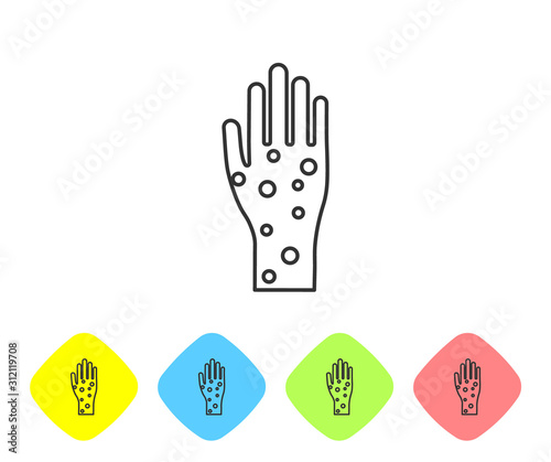 Grey line Hand with psoriasis or eczema icon isolated on white background. Concept of human skin response to allergen or chronic body problem. Set icons in color rhombus buttons. Vector Illustration