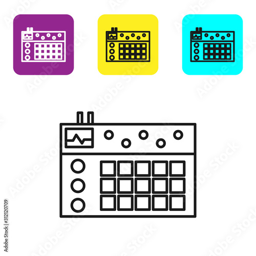Black line Drum machine icon isolated on white background. Musical equipment. Set icons colorful square buttons. Vector Illustration