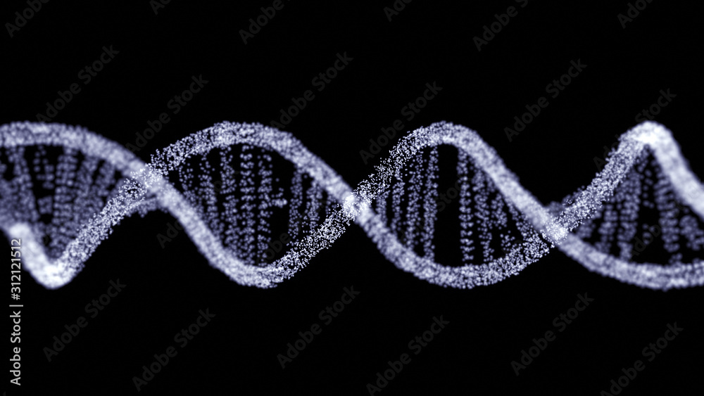 Digital DNA spiral made of small particles. 3d illustration