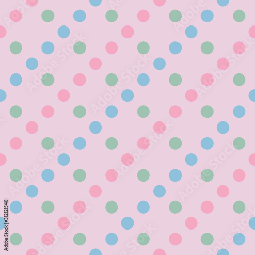 Vector seamless pattern pastel rainbow with green, pink, blue polka dots and pink background