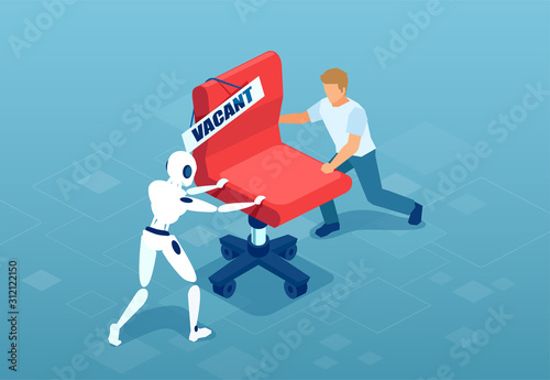 Vector of a robot and a man fighting for vacant job position.